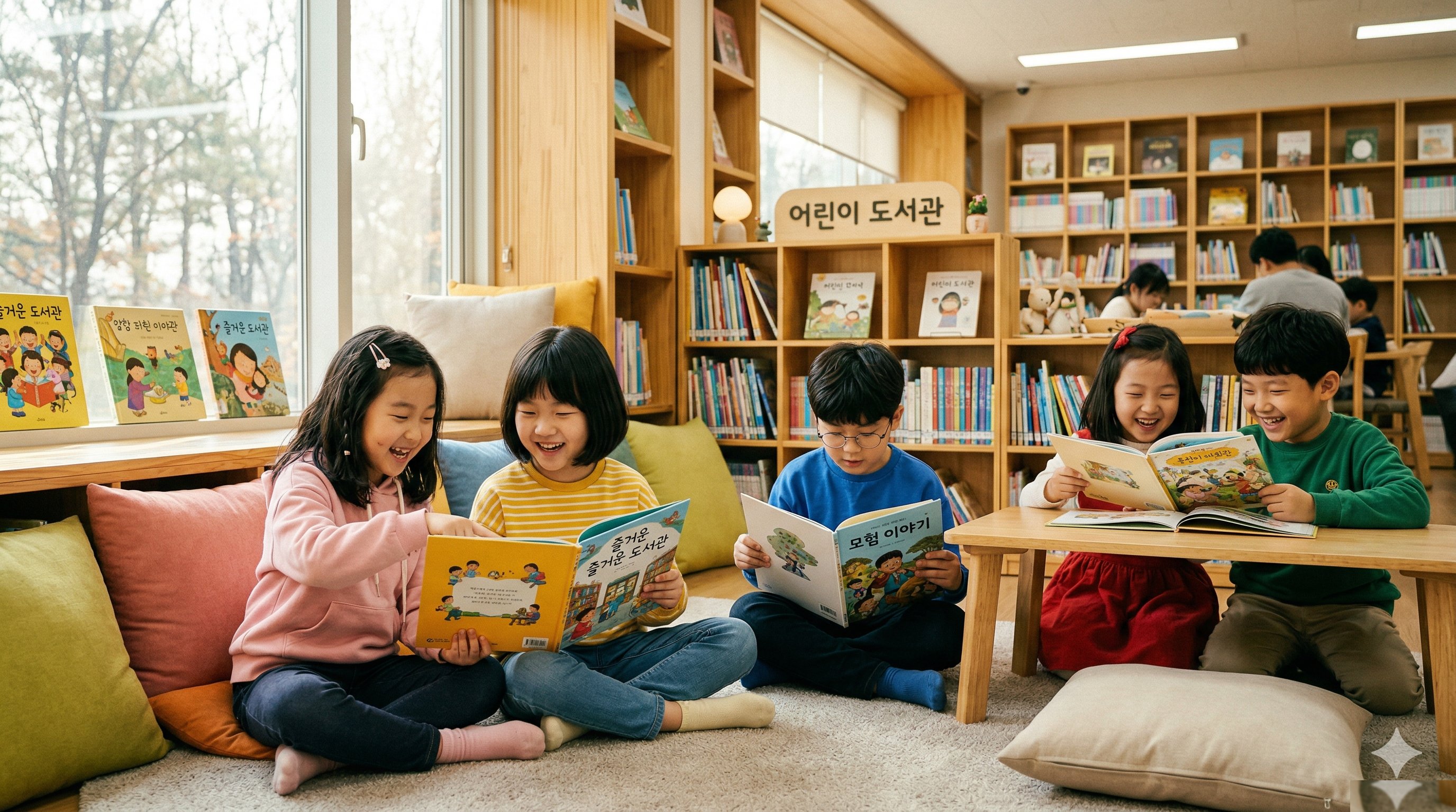 図書館で本を読む子どもたち